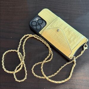 Bandolier Black/Butter Yellow Croc Leather iPhone 13 Pro Max Gold Chain